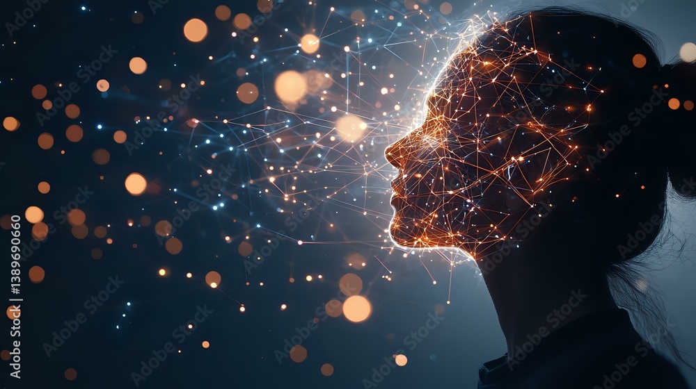 Poster silhouette of woman's profile illuminated by glowing network of light points and connections against