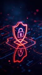 An illuminated lock on a digital network with glowing cybernetic elements, symbolizing cybersecurity and data protection.