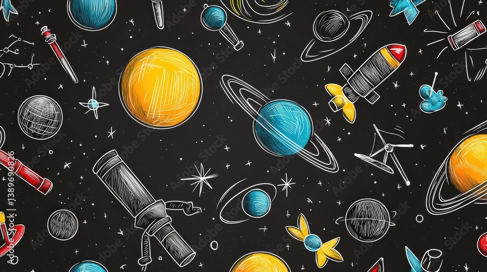 Poster the image is a colorful and playful drawing of planets and rockets