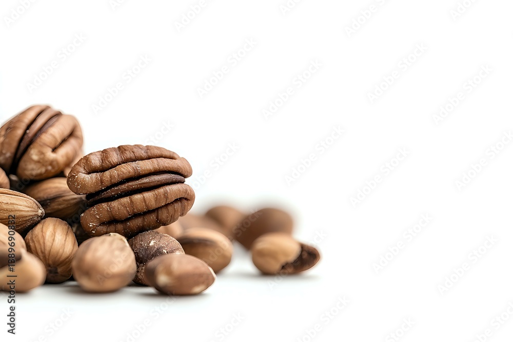 Poster fresh pecan nuts and hazelnuts scattered on white background, close-up macro shot with selective foc