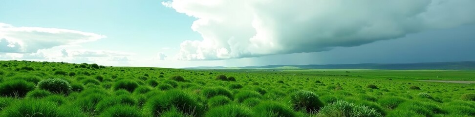 Obraz premium Green foliage covering a vast landscape with a dramatic cloud on the horizon in Southern Iceland, Nordic, Skaftarhreppur
