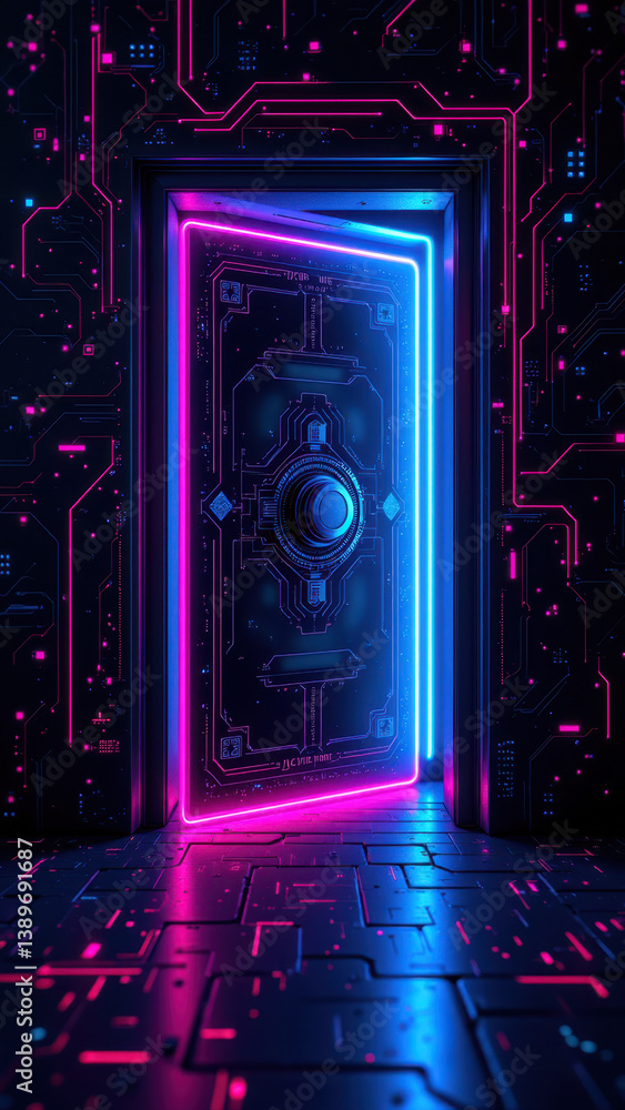 Poster cybersecurity door with advanced digital locks and vibrant neon light emanating from within a futuri