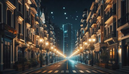 Wide Shot Deserted Street at Night An empty street lit by street