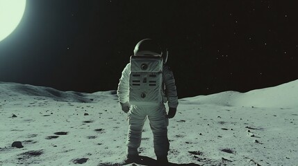 Obraz premium Astronaut on Moon: A Solitary Lunar Landscape in Greenish Hues
