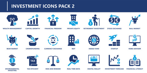 Investment icons pack in solid style with capital growth, financial freedom, stock exchange, hedge fund, startup, digital wallet, and more.