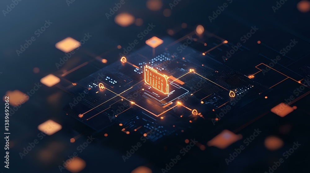 Poster glowing microchip with battery icon on circuit board background illustrates power management and ene