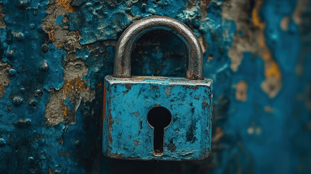 Aged, rusty padlock on weathered blue surface.  Close-up of a vintage lock, showing its worn, aged texture