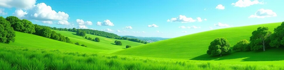 Fototapeta premium Green landscape with rolling hills, lush grass, and vibrant foliage under a clear blue sky, picturesque, vibrant