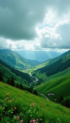 Green mountain landscapes with lush vegetation and rolling hills looking serene under a dramatic cloudy sky, green,  clouds