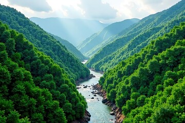 Green mountains mixed with red soil, flowing rivers, and lush forests in the Ashio area of Japan,  Japan,  nature