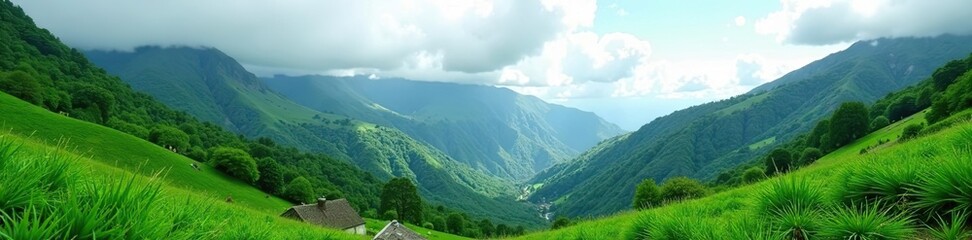 Green mountains under cloudy sky with lush vegetation,  environment,  view
