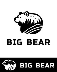 A bold and modern bear head logo design featuring stylish lines and an abstract illustration of a mountain.
