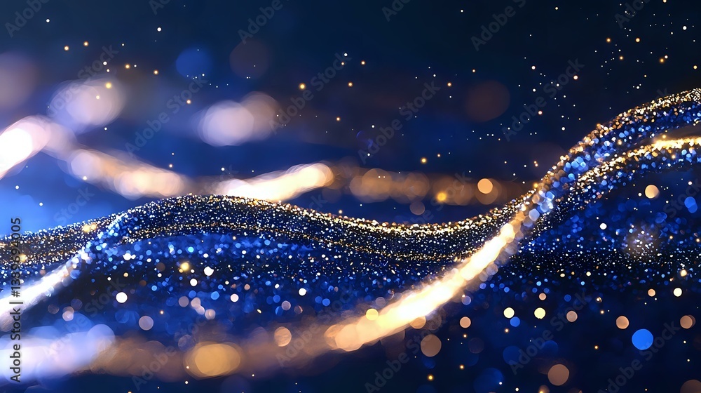 Poster magical glowing waves with golden and blue bokeh lights on dark background create dreamy abstract pa