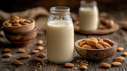 Almond milk in glass bottle and bowl with almonds