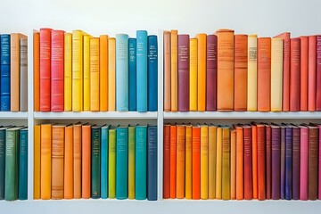Naklejka premium Colorful vintage books arranged in rainbow order on white wooden shelves, creating vibrant spectrum display for library, education, or home decor background.