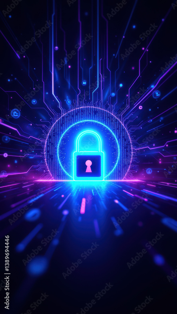 Poster secure digital lock with neon lights and circuits, symbolizing online privacy and protection.