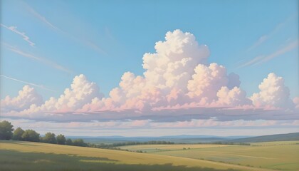 Serene summer landscape painting vast pink clouds over rolling hills soft light peaceful scene