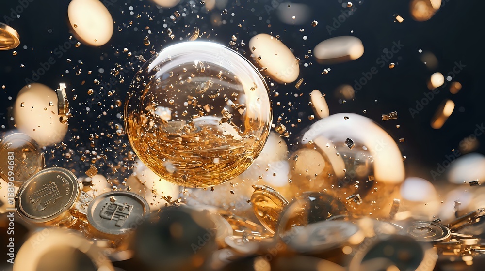 Poster splashing golden liquid with bubbles and coins in dynamic motion against dark background, creating l