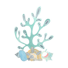 Coral and shells - ocean botanical illustration. Whimsical marine watercolor composition of seaweed with colored pencil textures. Great for sea-themed cards, beach party invitations, stationary