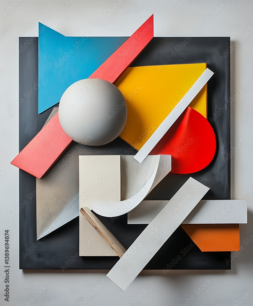 Poster a colorful abstract composition featuring various geometric shapes and elements