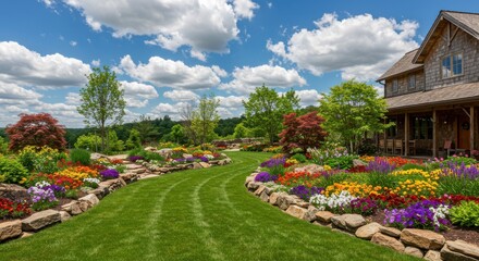 Landscaped garden with colorful flowers and a stone house under a cloudy blue sky on a sunny day