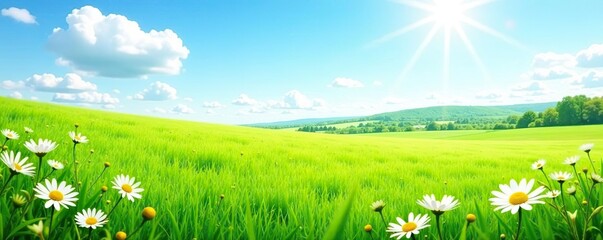 Green spring meadow with vibrant nature field grass, summer flowers, sunny sky, daisies, chamomile, and rural landscape,  daisy,  nature