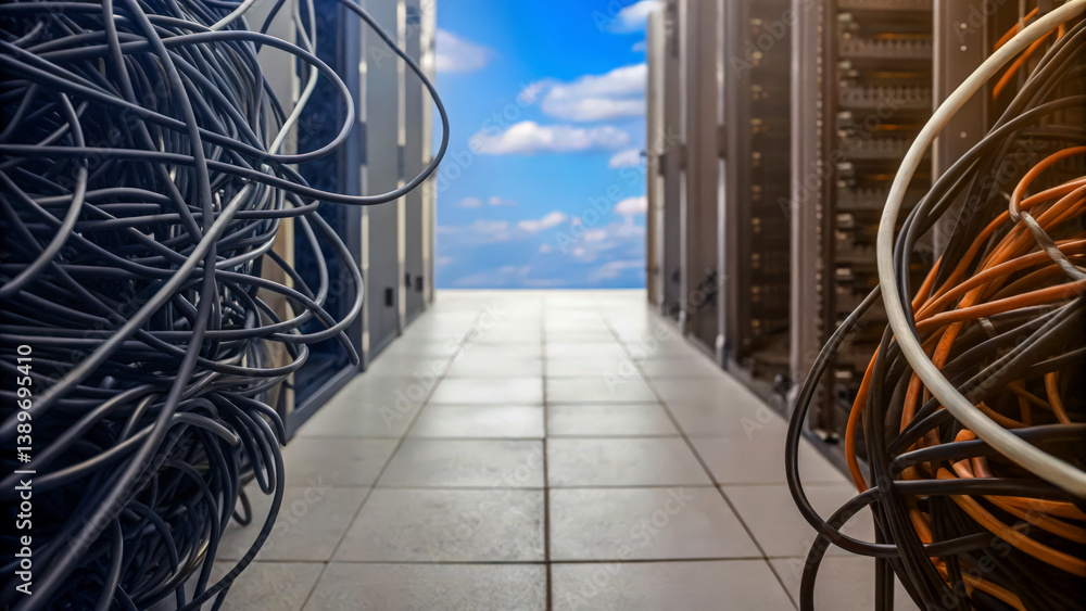 Poster a corridor between server racks, lined with tangled cables under a bright sky, illustrating a tech e
