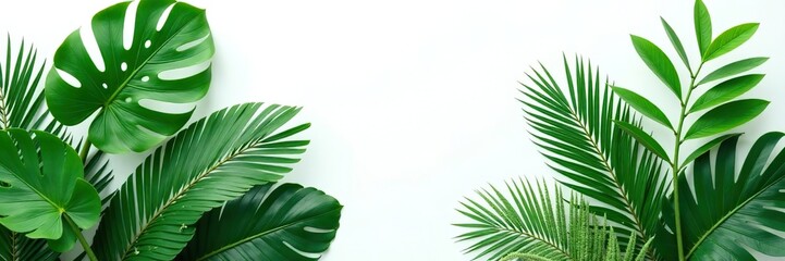Green tropical plants bush arrangement with Monstera, palm, rubber plant, pine, and bird?s nest fern leaves on white background,  floral arrangement,  leaves