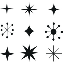 Mid Century Retro black Atomic Stars 9 icons set. For Clip arts, scrapbooking and stickers