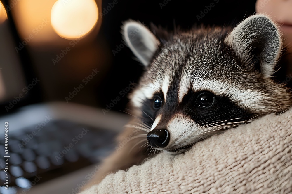 Poster curious raccoon peeking over edge of sofa in home setting with soft evening lighting and laptop keyb