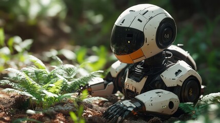 Futuristic robot resting in a lush forest