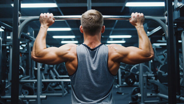 Man performing pull-ups at a fitness gym