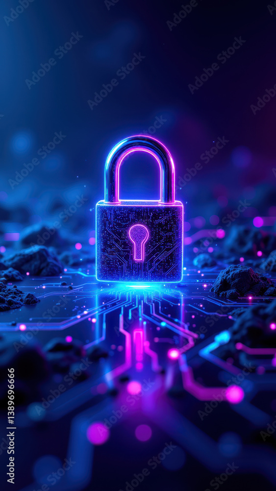 Poster a vibrant digital lock with a glowing blue keyhole set against a cybernetic background of interconne
