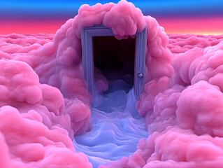 Dreamlike art with fantasy doorway in cotton candy sky. Portal to paradise in pink pastel sky