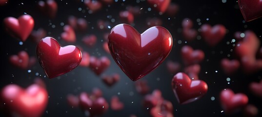 Floating red hearts create a romantic feeling on a dark background