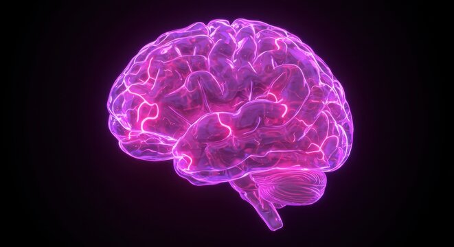 A glowing pink brain with visible convolutions and a dark background in a digital rendering