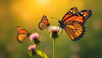 Fototapeta premium Monarch butterflies gracefully land on a flower in a beautiful, sunlit summer scene.