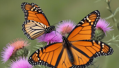 Fototapeta premium Two monarch butterflies, vibrant in color, rest on purple thistle flowers on a sunny day.