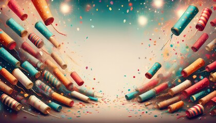 Obraz premium border frame of firecrackers and colorful confetti background with copy space, graphic resource