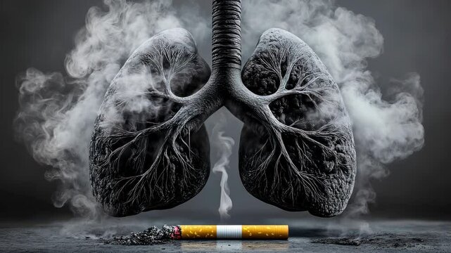 A conceptual video of damaged lungs filled with smoke above a burning cigarette, highlighting the harmful effects of smoking.