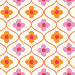 Retro Pink and Orange flowers on vintage ogee seamless pattern. For home décor, wallpaper and fabric