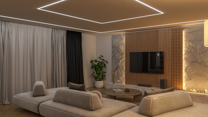 Modern living room with a minimalist design, featuring a modular gray sofa and a wall-mounted TV with textured panels and a fireplace