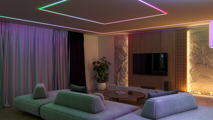 Modern living room with prominent RGB LED lighting