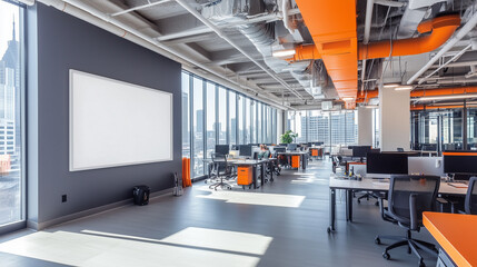 A blank white poster frame on the wall of an open-plan office with modern architecture, gray walls, and orange accents.