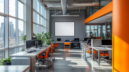 A blank white poster frame on the wall of an open-plan office with modern architecture, gray walls, and orange accents.