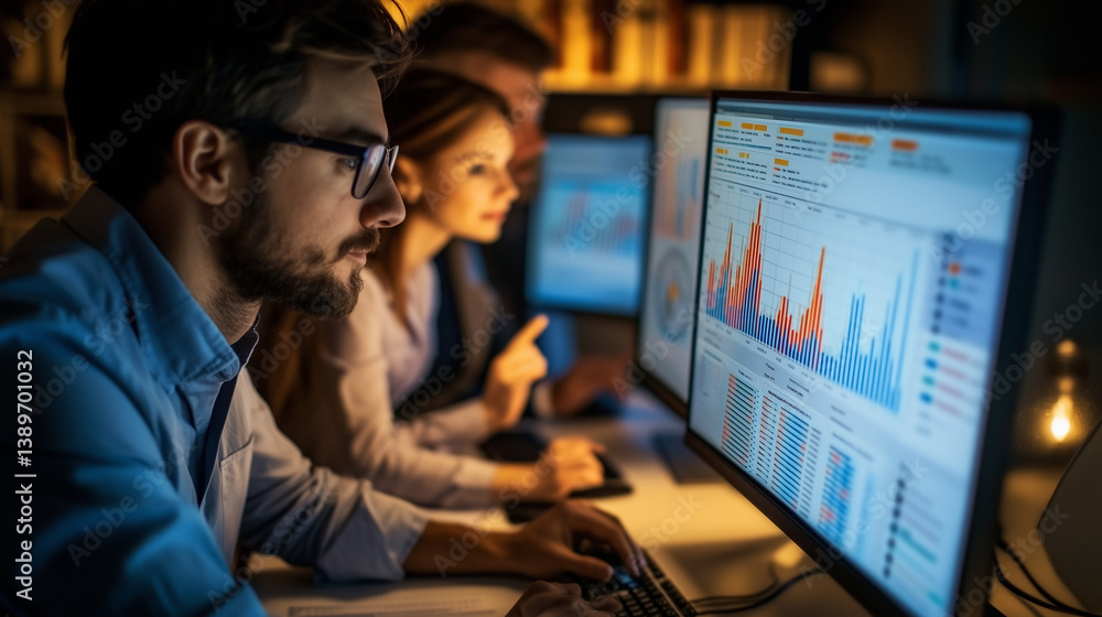 Poster portrait of two creative young female and male engineers using digital screen to analyze and discuss