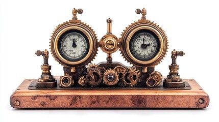Steampunk clock with gears, brass, wood base.