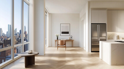 A modern kitchen with a herringbone wood floor, a light and neutral color palette, a white wall mockup, a city view through the windows,