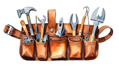 Tools in Leather Tool Belt with Hammer Wrench and Pliers Watercolor