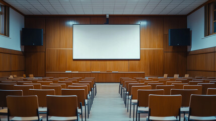 Fototapeta premium An empty poster hangs on the wall of a meeting room, creating a blank canvas for potential messages or images in a professional setting